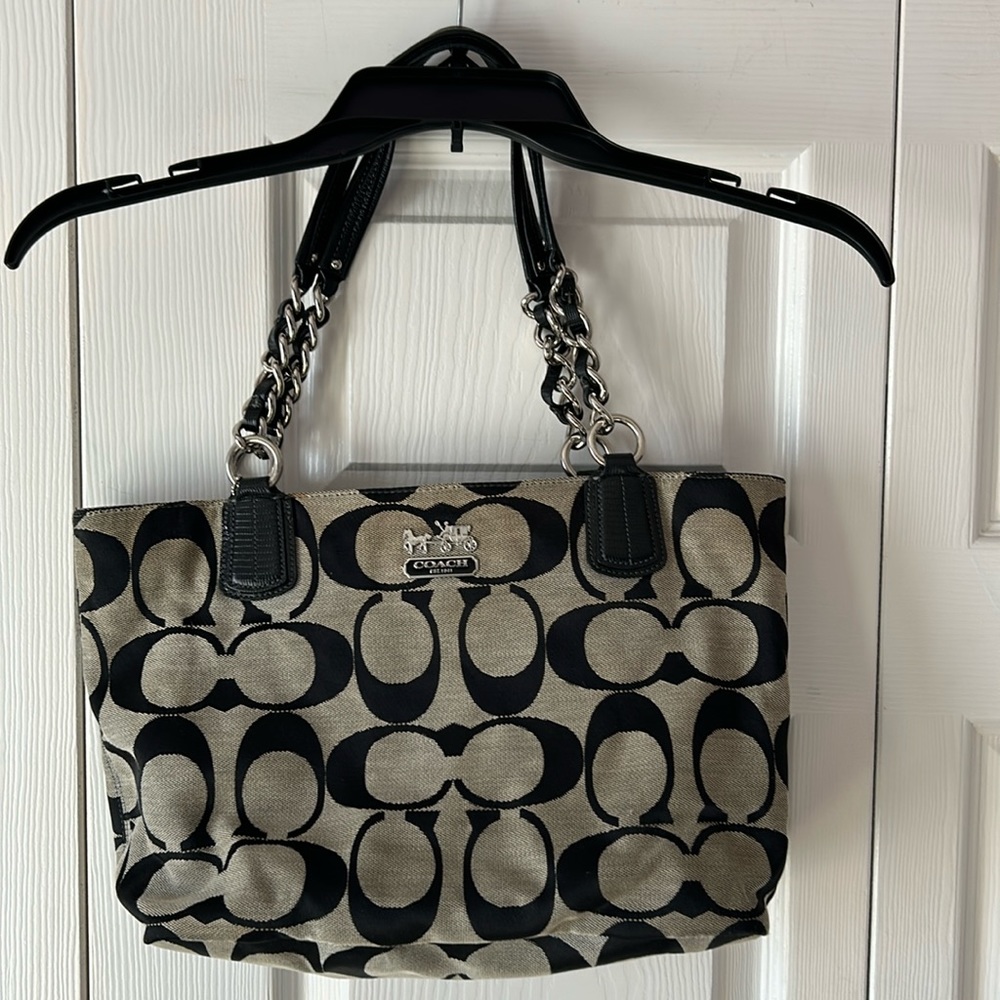 Coach shoulder bag, gray/black. 15 inches wide by 9.5 tall. dust bag included